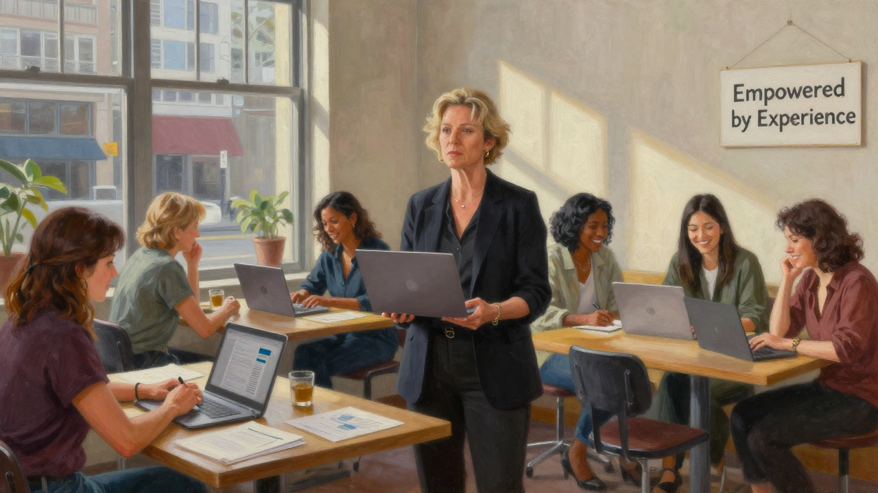 A 59-year-old woman opening a co-working space for former sex workers, surrounded by community and purpose.