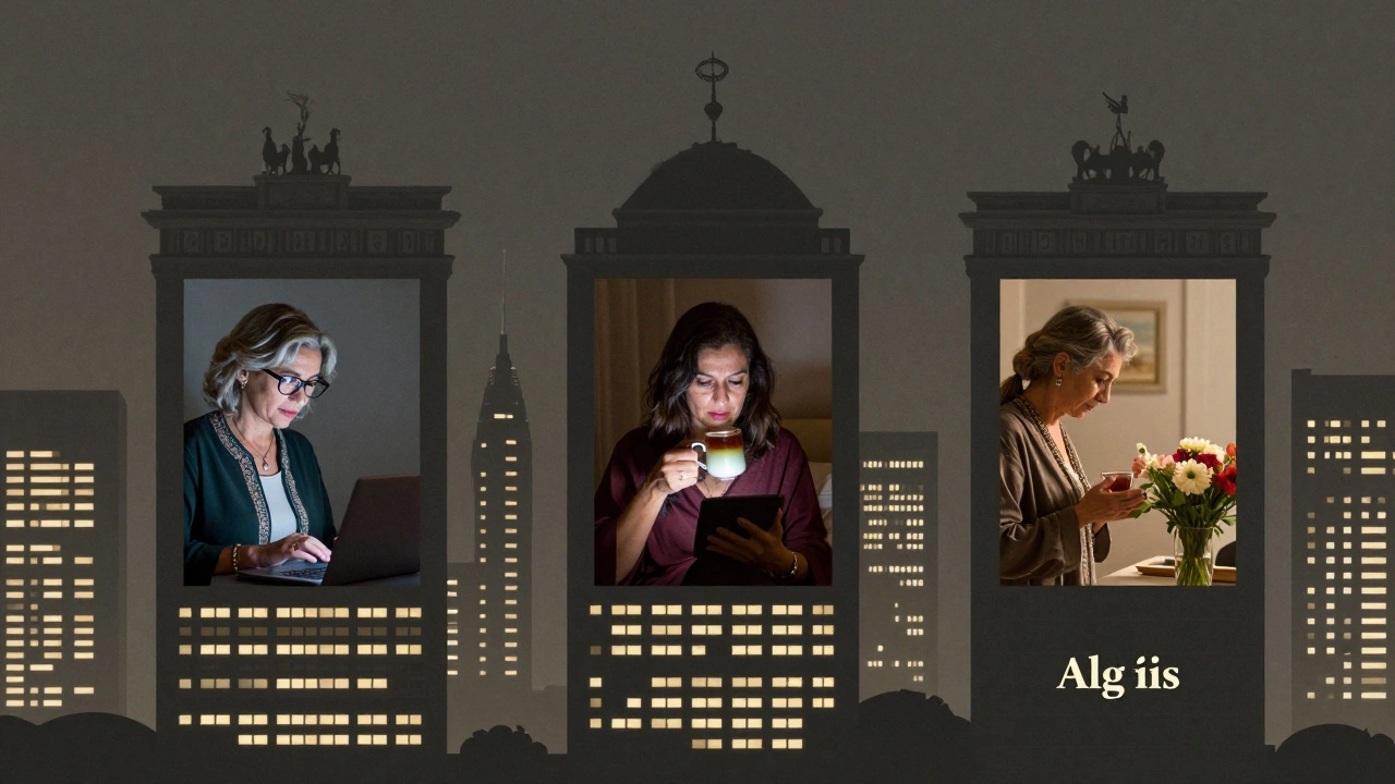 Glowing windows across global cities showing older sex workers working independently with dignity and autonomy.