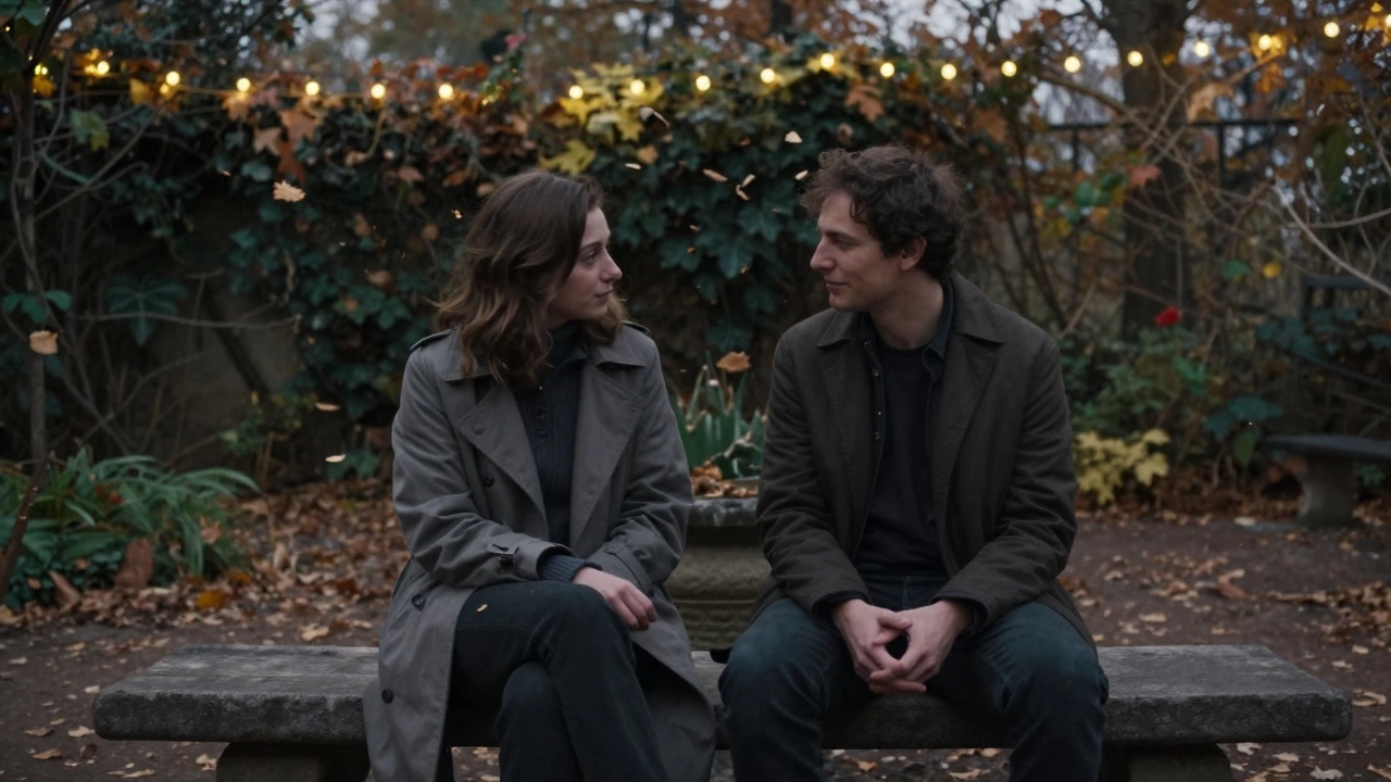 Two people sit quietly on a garden bench in Paris at twilight, sharing a moment of quiet connection.
